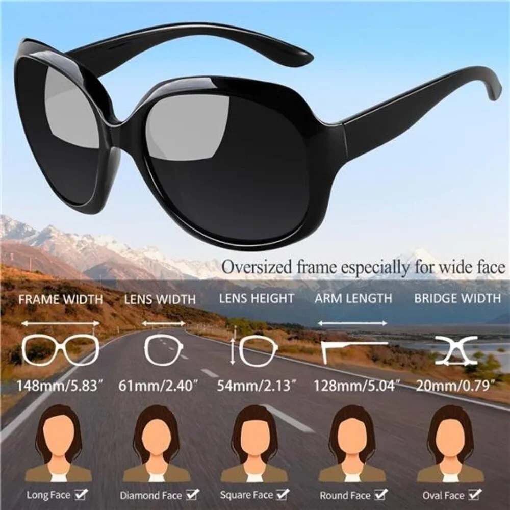 Women's Black Oversized Sunglasses Trendy Polarized Large Driving Eye Glasses‎